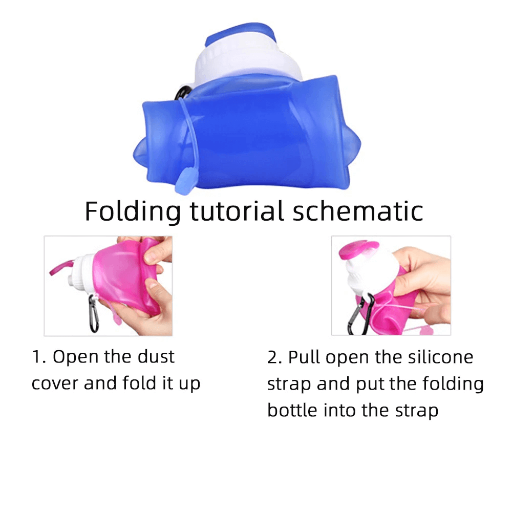 Folding tutorial for 500ml Silicone Foldable Water Bottle for Travel - SF3484 showing collapsible design with blue and pink options.